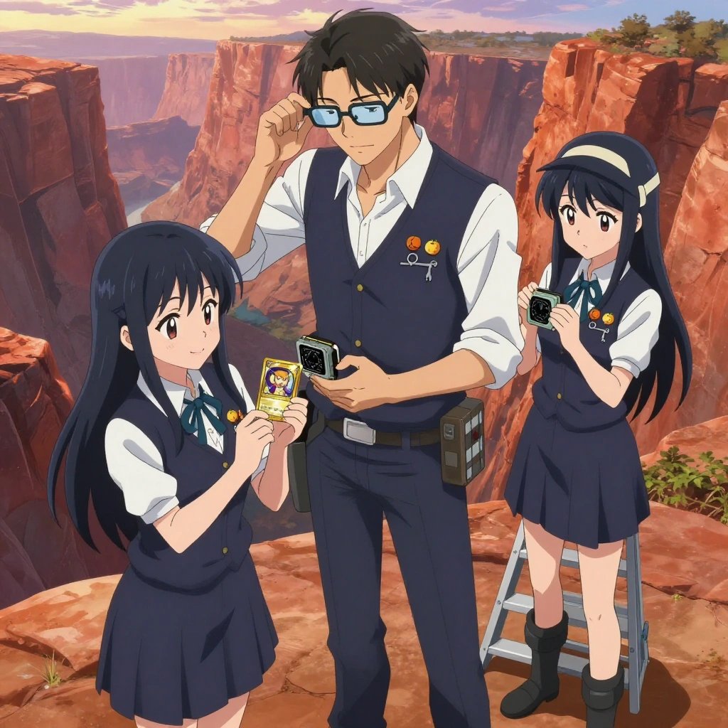 An anime scene showing exactly 3 characters gathered around a literal smart watch teardown kit in a wide canyon with layered red rock walls glowing at sunset. 1. a male anime character with a tall, lean build, short messy hair, clean-shaven, wearing a neatly pressed collared button-up with a vest over top, a utility belt with a small battery pack that connects to his eyeglasses, flat chest with no breasts, taller of the two nearby teammates, leaning down slightly to hand a small Pokémon-style collectible trading card with a glossy gold-foil border and a central character-art window to the smaller teammate with a thoughtful expression, both focused on the exchange. 2. a female anime character with a smaller build, cute face, no facial hair, long hair with a ribbon tied at the end, smaller of the two nearby teammates, accepting the small Pokémon-style collectible trading card in both palms with delight, holding it close to chest and tilting it to admire the glossy gold-foil border and central character-art window with a small pleased smile. 3. a female anime character with a petite build, expressive eyes, no facial hair, long straight hair with a ribbon headband, stepping on a small ladder, recalibrating the top section of the smart watch teardown kit. All characters wear navy and soft white engineering team with a teacher aesthetic. Each character wears two small lapel pins - one showing a tiny round tangerine with a small dimpled peel texture and one showing a tiny silver key blank with a simple round bow. Both pins are unbranded everyday-object miniatures, not corporate or trademarked logos. One character wears a fedora. One character has calibrated ankle strap for terrain mapping. Each character has a distinct pose tied to their task. No character waves at the camera. No character faces the viewer directly. No two characters share the same pose. The team is repairing the smart watch teardown kit. Exactly 3 characters total in this scene - no more, no fewer. No male character wears a skirt, kilt, or apron over pants or formal shirts. NO TEXT anywhere in this image - no speech bubbles, no word bubbles, no labels, no signs, no writing of any kind. Anime style, vibrant colors, clean composition, cinematic lighting.