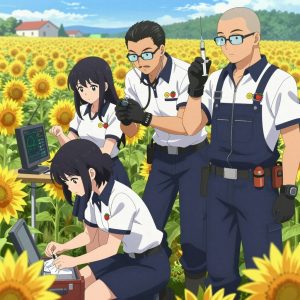 An anime scene showing exactly 4 characters gathered around a literal extendable wristwatch with mini-screen and antenna in a sunflower field extending to a farmstead on the horizon. 1. a female anime character with a slim build, delicate face, no facial hair, short wavy hair with a hair pin, kneeling at a small field kit, carefully cleaning and dressing a wound. 2. a female anime character with a smaller build, cute face, no facial hair, long hair with a ribbon tied at the end, crouched beside a monitor, watching vital signs on the screen. 3. a male anime character with a fit, medium build, short slicked-back hair, light mustache, wearing a neatly buttoned work polo with a collared neck and buttoned cuffs, a utility belt with a small battery pack that connects to his eyeglasses, flat chest with no breasts, leaning in with a stethoscope, performing a careful examination. 4. a male anime character with a broad-shouldered build, short buzz-cut hair, clean-shaven, wearing a neatly buttoned work coverall with a full-length zipper and snapped chest pocket, a utility belt with a small battery pack that connects to his eyeglasses, flat chest with no breasts, holding a syringe with a precise dose, steady and focused. All characters wear navy and soft white maintenance crew with a gym aesthetic. Each character wears two small lapel pins — one showing a tiny red strawberry with green leaves, round and bright and one showing a tiny yellow tape measure coiled into a small circle. Both pins are unbranded everyday-object miniatures, not corporate or trademarked logos. One character wears a bicycle helmet. One character has gloves with fingertip sensors. Each character has a distinct pose tied to their task. No character waves at the camera. No character faces the viewer directly. No two characters share the same pose. The team is treating the extendable wristwatch with mini-screen and antenna. Exactly 4 characters total in this scene — no more, no fewer. No male character wears a skirt, kilt, or apron over pants or formal shirts. NO TEXT anywhere in this image — no speech bubbles, no word bubbles, no labels, no signs, no writing of any kind. Anime style, vibrant colors, clean composition, cinematic lighting.