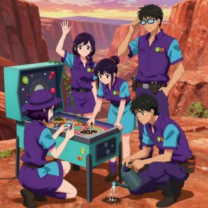 An anime scene showing exactly 4 characters gathered around a literal pinball machine repair bench in a wide canyon with layered red rock walls glowing at sunset. 1. a female anime character with a slim build, delicate face, no facial hair, short wavy hair with a hair pin, kneeling with a packet, applying fertilizer in careful doses near the pinball machine repair bench. 2. a female anime character with a petite build, soft features, no facial hair, hair in twin braids with small flower clips, standing on a step stool, trellising a vine up the side of the pinball machine repair bench. 3. a female anime character with a small build, no facial hair, hair in a bun with a decorative pin, wearing a skirt, leaning in with shears, pruning dead growth around the pinball machine repair bench. 4. a male anime character with a tall, lean build, short messy hair, clean-shaven, wearing a neatly pressed collared button-up with a vest over top, a utility belt with a small battery pack that connects to his eyeglasses, flat chest with no breasts, crouching with a watering can, dampening the soil at the base of the pinball machine repair bench. All characters wear electric purple and cyan hazardous disposal team with a movie night aesthetic. Each character wears two small lapel pins — one showing a tiny kiwi slice showing the green flesh with tiny black seeds and white center and one showing a tiny round-headed pushpin in a bright color. Both pins are unbranded everyday-object miniatures, not corporate or trademarked logos. One character wears a fedora. One character has fingertip caps for precision work. Each character has a distinct pose tied to their task. No character waves at the camera. No character faces the viewer directly. No two characters share the same pose. The team is cultivating the pinball machine repair bench. Exactly 4 characters total in this scene — no more, no fewer. No male character wears a skirt, kilt, or apron over pants or formal shirts. NO TEXT anywhere in this image — no speech bubbles, no word bubbles, no labels, no signs, no writing of any kind. Anime style, vibrant colors, clean composition, cinematic lighting.