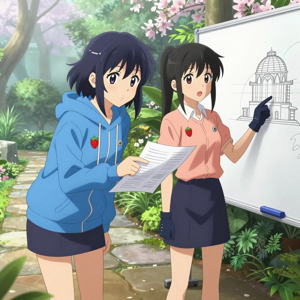 An anime scene showing exactly 2 characters gathered around a literal sawmill in a botanical garden at peak bloom with stone pathways and morning mist. 1. a female anime character with a slim build, delicate face, no facial hair, short wavy hair with a hair pin, leaning over a student's shoulder, pointing at a printed spec sheet for the sawmill. 2. a female anime character with a slender build, youthful face, no facial hair, side ponytail with a ribbon, standing at a whiteboard, sketching the sawmill's diagram while explaining. All characters wear soft blue and peach engineering team with a scene aesthetic. Each character wears two small lapel pins — one showing a tiny red strawberry with green leaves, round and bright and one showing a tiny silver hex bolt. Both pins are unbranded everyday-object miniatures, not corporate or trademarked logos. One character wears a hoodie. One character has gloves with fingertip sensors. Each character has a distinct pose tied to their task. No character waves at the camera. No character faces the viewer directly. No two characters share the same pose. The team is teaching the sawmill. Exactly 2 characters total in this scene — no more, no fewer. No male character wears a skirt, kilt, or apron over pants or formal shirts. NO TEXT anywhere in this image — no speech bubbles, no word bubbles, no labels, no signs, no writing of any kind. Anime style, vibrant colors, clean composition, cinematic lighting.