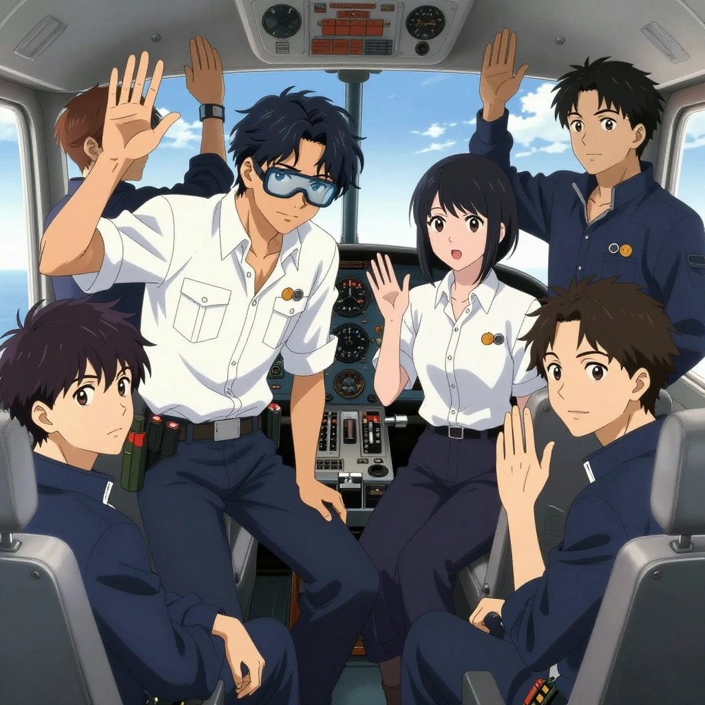 An anime scene showing exactly 1 characters gathered around a literal lighthouse in a small airplane cockpit with instruments and blue sky beyond the windscreen. 1. a male anime character with a lean, wiry build, short wavy hair, clean-shaven, wearing a neatly buttoned utility shirt with a buttoned collar and chest pockets snapped shut, a utility belt with a small battery pack that connects to his eyeglasses, flat chest with no breasts, leaning down to a teammate, offering constructive technique pointers. All characters wear navy and soft white fishing trawler crew with a new year's eve aesthetic. Each character wears two small lapel pins — one showing a tiny fuzzy peach with a single crease down one side and one showing a tiny silver hex nut. Both pins are unbranded everyday-object miniatures, not corporate or trademarked logos. One character wears a hoodie. One character has magnetic screwdriver wristband. Each character has a distinct pose tied to their task. No character waves at the camera. No character faces the viewer directly. No two characters share the same pose. The team is practicing the lighthouse. Exactly 1 characters total in this scene — no more, no fewer. No male character wears a skirt, kilt, or apron over pants or formal shirts. NO TEXT anywhere in this image — no speech bubbles, no word bubbles, no labels, no signs, no writing of any kind. Anime style, vibrant colors, clean composition, cinematic lighting.
