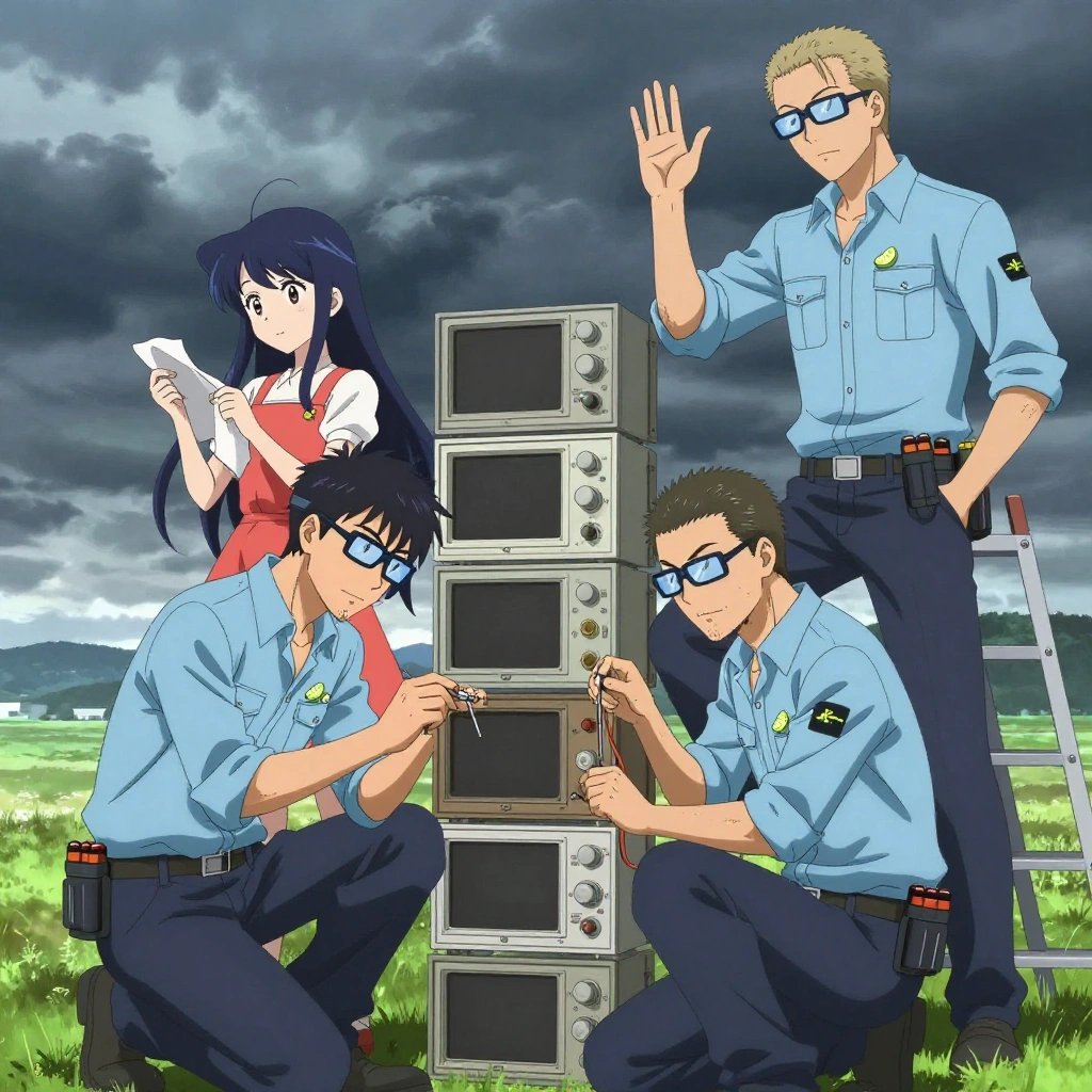An anime scene showing exactly 4 characters gathered around a literal oscilloscope stack in a wide prairie under a dramatic stormy sky. 1. a male anime character with a tall, sturdy build, short side-part hair, light goatee, wearing a neatly buttoned collared work shirt with sleeves rolled up, a utility belt with a small battery pack that connects to his eyeglasses, flat chest with no breasts, crouching low, tightening a bolt on the oscilloscope stack with the appropriate tool. 2. a male anime character with a lean, medium build, short textured hair, light stubble, wearing a neatly buttoned utility smock with a buttoned collar and chest flaps closed, a utility belt with a small battery pack that connects to his eyeglasses, flat chest with no breasts, kneeling beside the oscilloscope stack, replacing a worn component with a fresh part. 3. a male anime character with a lean, wiry build, short wavy hair, clean-shaven, wearing a neatly buttoned utility shirt with a buttoned collar and chest pockets snapped shut, a utility belt with a small battery pack that connects to his eyeglasses, flat chest with no breasts, stepping on a small ladder, recalibrating the top section of the oscilloscope stack. 4. a female anime character with a smaller build, cute face, no facial hair, long hair with a ribbon tied at the end, standing back with a rag and solvent, cleaning a critical part of the oscilloscope stack. All characters wear light blue and coral hazardous disposal team with a modern royalty aesthetic. Each character wears two small lapel pins β one showing a tiny lime wedge showing the green rind and pale flesh and one showing a tiny yellow tape measure coiled into a small circle. Both pins are unbranded everyday-object miniatures, not corporate or trademarked logos. One character wears a fedora. One character has signal reflector patch on the shoulder. Each character has a distinct pose tied to their task. No character waves at the camera. No character faces the viewer directly. No two characters share the same pose. The team is repairing the oscilloscope stack. Exactly 4 characters total in this scene β no more, no fewer. No male character wears a skirt, kilt, or apron over pants or formal shirts. NO TEXT anywhere in this image β no speech bubbles, no word bubbles, no labels, no signs, no writing of any kind. Anime style, vibrant colors, clean composition, cinematic lighting.