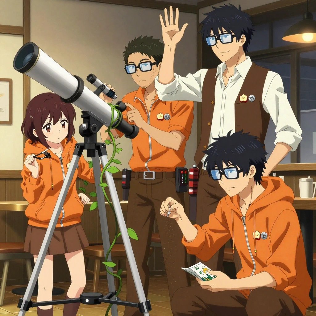 An anime scene showing exactly 3 characters gathered around a literal telescope in a cozy coffee shop interior with warm light and wood tones. 1. a male anime character with a taller, athletic build, short hair, subtle facial hair, wearing a neatly buttoned-up collared shirt with sleeves rolled to the elbows, a utility belt with a small battery pack that connects to his eyeglasses, flat chest with no breasts, standing on a step stool, trellising a vine up the side of the telescope. 2. a female anime character with a slim build, delicate face, no facial hair, short wavy hair with a hair pin, leaning in with shears, pruning dead growth around the telescope. 3. a male anime character with a tall, lean build, short messy hair, clean-shaven, wearing a neatly pressed collared button-up with a vest over top, a utility belt with a small battery pack that connects to his eyeglasses, flat chest with no breasts, kneeling with a packet, applying fertilizer in careful doses near the telescope. All characters wear warm orange and brown maintenance crew with a book club aesthetic. Each character wears two small lapel pins — one showing a tiny apple slice showing the star pattern of seeds in the middle and one showing a tiny silver hex bolt. Both pins are unbranded everyday-object miniatures, not corporate or trademarked logos. One character wears a hoodie. One character has signal reflector patch on the shoulder. Each character has a distinct pose tied to their task. No character waves at the camera. No character faces the viewer directly. No two characters share the same pose. The team is cultivating the telescope. Exactly 3 characters total in this scene — no more, no fewer. No male character wears a skirt, kilt, or apron over pants or formal shirts. NO TEXT anywhere in this image — no speech bubbles, no word bubbles, no labels, no signs, no writing of any kind. Anime style, vibrant colors, clean composition, cinematic lighting.