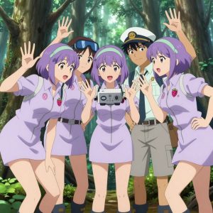 An anime scene showing exactly 1 characters gathered around a literal outpost in an old-growth forest with shafts of light cutting through the canopy. 1. a female anime character with a slim build, gentle features, no facial hair, hair in a bob with a headband, leaning in close, listening to the outpost catch and hum to diagnose the fault. All characters wear light lavender and mint search and rescue team with a 2000s aesthetic. Each character wears two small lapel pins — one showing a tiny pink raspberry with a hollow center and one showing a tiny silver paperclip. Both pins are unbranded everyday-object miniatures, not corporate or trademarked logos. One character wears a captain's hat. One character has safety goggles with AR overlay lenses. Each character has a distinct pose tied to their task. No character waves at the camera. No character faces the viewer directly. No two characters share the same pose. The team is repairing the outpost. Exactly 1 characters total in this scene — no more, no fewer. No male character wears a skirt, kilt, or apron over pants or formal shirts. Every character has exactly 2 arms, 2 hands, 5 fingers per hand, 2 legs, 1 head, 1 torso. No extra arms, no missing arms, no extra fingers, no fused or merged characters, no characters sharing limbs, no arms emerging from the wrong character. NO TEXT anywhere in this image — no speech bubbles, no word bubbles, no labels, no signs, no writing of any kind. Anime style, vibrant colors, clean composition, cinematic lighting.