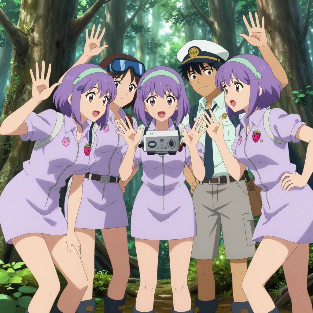 An anime scene showing exactly 1 characters gathered around a literal outpost in an old-growth forest with shafts of light cutting through the canopy. 1. a female anime character with a slim build, gentle features, no facial hair, hair in a bob with a headband, leaning in close, listening to the outpost catch and hum to diagnose the fault. All characters wear light lavender and mint search and rescue team with a 2000s aesthetic. Each character wears two small lapel pins — one showing a tiny pink raspberry with a hollow center and one showing a tiny silver paperclip. Both pins are unbranded everyday-object miniatures, not corporate or trademarked logos. One character wears a captain's hat. One character has safety goggles with AR overlay lenses. Each character has a distinct pose tied to their task. No character waves at the camera. No character faces the viewer directly. No two characters share the same pose. The team is repairing the outpost. Exactly 1 characters total in this scene — no more, no fewer. No male character wears a skirt, kilt, or apron over pants or formal shirts. Every character has exactly 2 arms, 2 hands, 5 fingers per hand, 2 legs, 1 head, 1 torso. No extra arms, no missing arms, no extra fingers, no fused or merged characters, no characters sharing limbs, no arms emerging from the wrong character. NO TEXT anywhere in this image — no speech bubbles, no word bubbles, no labels, no signs, no writing of any kind. Anime style, vibrant colors, clean composition, cinematic lighting.