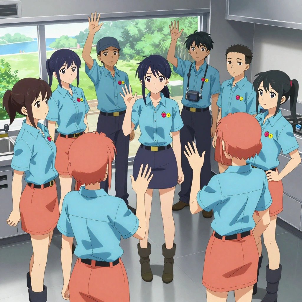 An anime scene showing exactly 1 characters gathered around a literal coastguard in a sleek modern kitchen with large windows opening onto a garden. 1. a female anime character with a slender build, youthful face, no facial hair, side ponytail with a ribbon, stepping back from a humming rack, monitoring the cluster's training metrics. All characters wear light blue and coral maintenance crew with a sad day aesthetic. Each character wears two small lapel pins — one showing a tiny pink raspberry with a hollow center and one showing a tiny round-headed pushpin in a bright color. Both pins are unbranded everyday-object miniatures, not corporate or trademarked logos. One character wears a flat cap. One character has compact respirator hanging from a carabiner. Each character has a distinct pose tied to their task. No character waves at the camera. No character faces the viewer directly. No two characters share the same pose. The team is programming the coastguard. Exactly 1 characters total in this scene — no more, no fewer. No male character wears a skirt, kilt, or apron over pants or formal shirts. Every character has exactly 2 arms, 2 hands, 5 fingers per hand, 2 legs, 1 head, 1 torso. No extra arms, no missing arms, no extra fingers, no fused or merged characters, no characters sharing limbs, no arms emerging from the wrong character. NO TEXT anywhere in this image — no speech bubbles, no word bubbles, no labels, no signs, no writing of any kind. Anime style, vibrant colors, clean composition, cinematic lighting.