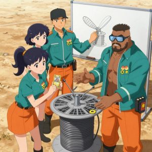 An anime scene showing exactly 4 characters gathered around a literal cable spool and mesh antenna array in a dusty desert road stretching to the horizon under a blazing sun. 1. a female anime character with a smaller build, soft smile, no facial hair, hair in loose curls with a small hair clip, taller of the two nearby teammates, leaning down slightly to hand a small Pokémon-style collectible trading card with a glossy gold-foil border and a central character-art window to the smaller teammate with a thoughtful expression, both focused on the exchange. 2. a female anime character with a slender build, youthful face, no facial hair, side ponytail with a ribbon, smaller of the two nearby teammates, accepting the small Pokémon-style collectible trading card in both palms with delight, holding it close to chest and tilting it to admire the glossy gold-foil border and central character-art window with a small pleased smile. 3. a male anime character with a broader, muscular build, short spiky hair, light stubble, wearing a neatly buttoned work shirt with epaulets and a zipped front, a utility belt with a small battery pack that connects to his eyeglasses, flat chest with no breasts, standing at a whiteboard, sketching the cable spool and mesh antenna array's diagram while explaining. 4. a male anime character with a stocky, strong build, short undercut hair, full beard, wearing a neatly buttoned work jacket with a full zip front and rolled sleeves, a utility belt with a small battery pack that connects to his eyeglasses, flat chest with no breasts, demonstrating with open hands how to handle the cable spool and mesh antenna array, guiding a learner around it. All characters wear teal and burnt orange maintenance crew with a gym aesthetic. Each character wears two small lapel pins - one showing a tiny fuzzy peach with a single crease down one side and one showing a tiny yellow tape measure coiled into a small circle. Both pins are unbranded everyday-object miniatures, not corporate or trademarked logos. One character wears a top hat. One character has safety goggles with AR overlay lenses. Each character has a distinct pose tied to their task. No character waves at the camera. No character faces the viewer directly. No two characters share the same pose. The team is teaching the cable spool and mesh antenna array. Exactly 4 characters total in this scene - no more, no fewer. No male character wears a skirt, kilt, or apron over pants or formal shirts. NO TEXT anywhere in this image - no speech bubbles, no word bubbles, no labels, no signs, no writing of any kind. Anime style, vibrant colors, clean composition, cinematic lighting.