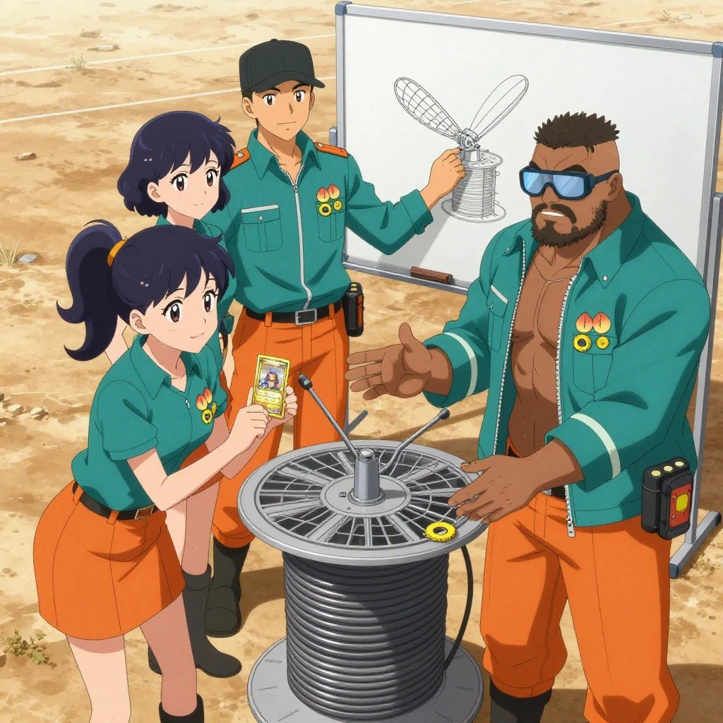 An anime scene showing exactly 4 characters gathered around a literal cable spool and mesh antenna array in a dusty desert road stretching to the horizon under a blazing sun. 1. a female anime character with a smaller build, soft smile, no facial hair, hair in loose curls with a small hair clip, taller of the two nearby teammates, leaning down slightly to hand a small Pokémon-style collectible trading card with a glossy gold-foil border and a central character-art window to the smaller teammate with a thoughtful expression, both focused on the exchange. 2. a female anime character with a slender build, youthful face, no facial hair, side ponytail with a ribbon, smaller of the two nearby teammates, accepting the small Pokémon-style collectible trading card in both palms with delight, holding it close to chest and tilting it to admire the glossy gold-foil border and central character-art window with a small pleased smile. 3. a male anime character with a broader, muscular build, short spiky hair, light stubble, wearing a neatly buttoned work shirt with epaulets and a zipped front, a utility belt with a small battery pack that connects to his eyeglasses, flat chest with no breasts, standing at a whiteboard, sketching the cable spool and mesh antenna array's diagram while explaining. 4. a male anime character with a stocky, strong build, short undercut hair, full beard, wearing a neatly buttoned work jacket with a full zip front and rolled sleeves, a utility belt with a small battery pack that connects to his eyeglasses, flat chest with no breasts, demonstrating with open hands how to handle the cable spool and mesh antenna array, guiding a learner around it. All characters wear teal and burnt orange maintenance crew with a gym aesthetic. Each character wears two small lapel pins - one showing a tiny fuzzy peach with a single crease down one side and one showing a tiny yellow tape measure coiled into a small circle. Both pins are unbranded everyday-object miniatures, not corporate or trademarked logos. One character wears a top hat. One character has safety goggles with AR overlay lenses. Each character has a distinct pose tied to their task. No character waves at the camera. No character faces the viewer directly. No two characters share the same pose. The team is teaching the cable spool and mesh antenna array. Exactly 4 characters total in this scene - no more, no fewer. No male character wears a skirt, kilt, or apron over pants or formal shirts. NO TEXT anywhere in this image - no speech bubbles, no word bubbles, no labels, no signs, no writing of any kind. Anime style, vibrant colors, clean composition, cinematic lighting.