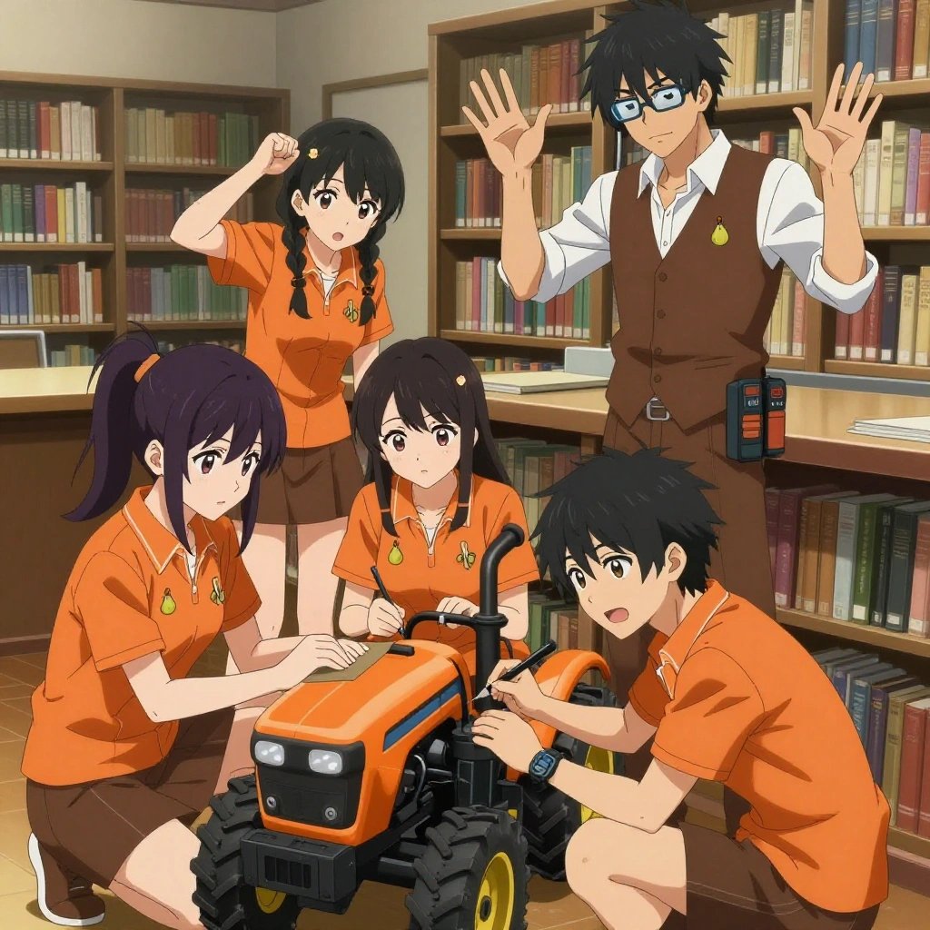 An anime scene showing exactly 4 characters gathered around a literal tractor in a quiet library with floor-to-ceiling bookshelves and reading nooks. 1. a female anime character with a slender build, youthful face, no facial hair, side ponytail with a ribbon, kneeling with sanding paper, smoothing a panel of the tractor before finish. 2. a female anime character with a petite build, cute face, no facial hair, long hair with a bow hair accessory, crouching with a square and pencil, marking a fresh cut for the tractor. 3. a female anime character with a petite build, soft features, no facial hair, hair in twin braids with small flower clips, leaning against a workbench, checking the level of the tractor's frame. 4. a male anime character with a tall, lean build, short messy hair, clean-shaven, wearing a neatly pressed collared button-up with a vest over top, a utility belt with a small battery pack that connects to his eyeglasses, flat chest with no breasts, shrugging — both shoulders raised with palms up, clearly visible, hands large and clearly visible in the foreground. All characters wear warm orange and brown engineering team with a tennis match aesthetic. Each character wears two small lapel pins — one showing a tiny green pear with a brown stem and one showing a tiny wooden clothespin with a metal spring. Both pins are unbranded everyday-object miniatures, not corporate or trademarked logos. One character wears a beanie. One character has wrist-mounted calibration scope. Each character has a distinct pose tied to their task. No character waves at the camera. No character faces the viewer directly. No two characters share the same pose. The team is building the tractor. Exactly 4 characters total in this scene — no more, no fewer. No male character wears a skirt, kilt, or apron over pants or formal shirts. NO TEXT anywhere in this image — no speech bubbles, no word bubbles, no labels, no signs, no writing of any kind. Anime style, vibrant colors, clean composition, cinematic lighting.