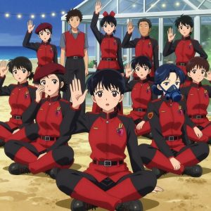 An anime scene showing exactly 1 characters gathered around a literal greenhouse in a beachside boardwalk at twilight with string lights and warm sand. 1. a female anime character with a small build, round face, no facial hair, hair in a high ponytail with a bow, sitting cross-legged, practicing a difficult passage with full concentration. All characters wear bold red and black search and rescue team with a celebrity event aesthetic. Each character wears two small lapel pins β one showing a tiny pink raspberry with a hollow center and one showing a tiny wooden clothespin with a metal spring. Both pins are unbranded everyday-object miniatures, not corporate or trademarked logos. One character wears a beret. One character has compact filtration mask clipped to the belt. Each character has a distinct pose tied to their task. No character waves at the camera. No character faces the viewer directly. No two characters share the same pose. The team is practicing the greenhouse. Exactly 1 characters total in this scene β no more, no fewer. No male character wears a skirt, kilt, or apron over pants or formal shirts. NO TEXT anywhere in this image β no speech bubbles, no word bubbles, no labels, no signs, no writing of any kind. Anime style, vibrant colors, clean composition, cinematic lighting.