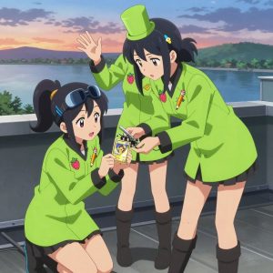 An anime scene showing exactly 3 characters gathered around a literal wearable EEG headband teardown in a rooftop terrace at sunset overlooking a wide river. 1. a female anime character with a petite build, soft features, no facial hair, hair in twin braids with small flower clips, taller of the two nearby teammates, leaning down slightly to hand a small Pokémon-style collectible trading card with a glossy gold-foil border and a central character-art window to the smaller teammate with a thoughtful expression, both focused on the exchange. 2. a female anime character with a small build, round face, no facial hair, hair in a high ponytail with a bow, smaller of the two nearby teammates, accepting the small Pokémon-style collectible trading card in both palms with delight, holding it close to chest and tilting it to admire the glossy gold-foil border and central character-art window with a small pleased smile. 3. a female anime character with a slim build, delicate face, no facial hair, short wavy hair with a hair pin, leaning in with shears, pruning dead growth around the wearable EEG headband teardown. All characters wear neon green and black engineering team with a sport aesthetic. Each character wears two small lapel pins - one showing a tiny pink raspberry with a hollow center and one showing a tiny sharpened yellow pencil with a pink eraser. Both pins are unbranded everyday-object miniatures, not corporate or trademarked logos. One character wears a top hat. One character has magnetized boot heels for steel surfaces. Each character has a distinct pose tied to their task. No character waves at the camera. No character faces the viewer directly. No two characters share the same pose. The team is cultivating the wearable EEG headband teardown. Exactly 3 characters total in this scene - no more, no fewer. No male character wears a skirt, kilt, or apron over pants or formal shirts. NO TEXT anywhere in this image - no speech bubbles, no word bubbles, no labels, no signs, no writing of any kind. Anime style, vibrant colors, clean composition, cinematic lighting.
