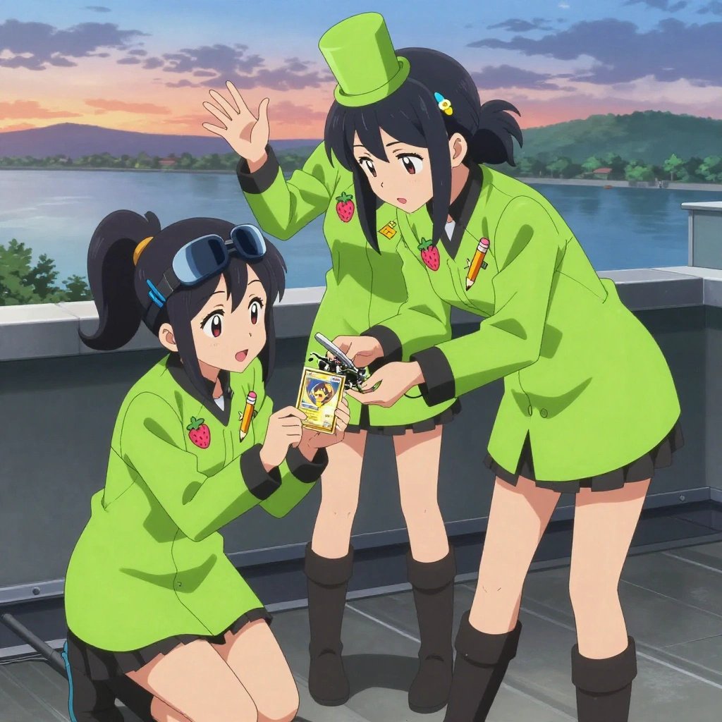 An anime scene showing exactly 3 characters gathered around a literal wearable EEG headband teardown in a rooftop terrace at sunset overlooking a wide river. 1. a female anime character with a petite build, soft features, no facial hair, hair in twin braids with small flower clips, taller of the two nearby teammates, leaning down slightly to hand a small Pokémon-style collectible trading card with a glossy gold-foil border and a central character-art window to the smaller teammate with a thoughtful expression, both focused on the exchange. 2. a female anime character with a small build, round face, no facial hair, hair in a high ponytail with a bow, smaller of the two nearby teammates, accepting the small Pokémon-style collectible trading card in both palms with delight, holding it close to chest and tilting it to admire the glossy gold-foil border and central character-art window with a small pleased smile. 3. a female anime character with a slim build, delicate face, no facial hair, short wavy hair with a hair pin, leaning in with shears, pruning dead growth around the wearable EEG headband teardown. All characters wear neon green and black engineering team with a sport aesthetic. Each character wears two small lapel pins - one showing a tiny pink raspberry with a hollow center and one showing a tiny sharpened yellow pencil with a pink eraser. Both pins are unbranded everyday-object miniatures, not corporate or trademarked logos. One character wears a top hat. One character has magnetized boot heels for steel surfaces. Each character has a distinct pose tied to their task. No character waves at the camera. No character faces the viewer directly. No two characters share the same pose. The team is cultivating the wearable EEG headband teardown. Exactly 3 characters total in this scene - no more, no fewer. No male character wears a skirt, kilt, or apron over pants or formal shirts. NO TEXT anywhere in this image - no speech bubbles, no word bubbles, no labels, no signs, no writing of any kind. Anime style, vibrant colors, clean composition, cinematic lighting.