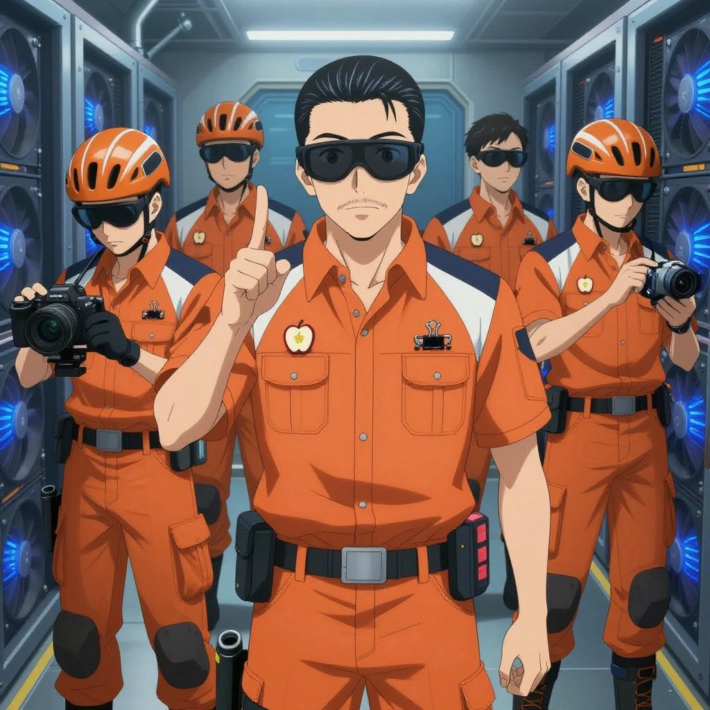 An anime scene showing 1 characters. 1. a male anime character with a fit, medium build, short slicked-back hair, light mustache, wearing a neatly buttoned work polo with a collared neck and buttoned cuffs, a utility belt with a small battery pack that connects to his eyeglasses, flat chest with no breasts All characters wear rust orange and navy search and rescue team with a black and white aesthetic. Each character wears two small lapel pins — one showing a tiny apple slice showing the star pattern of seeds in the middle and one showing a tiny black binder clip with silver arms. Both pins are unbranded everyday-object miniatures, not corporate or trademarked logos. One character wears a bicycle helmet. One character has calibrated ankle strap for terrain mapping. Only one character gestures — the others focus on their tasks without gesturing or pointing. Characters speak to devices, check readings, touch their own fingertips together to transmit data, and wear AR glasses. No character touches a keyboard or looks at a screen. No character waves at the camera. No character faces the viewer directly. The team is operating a literal submarine in a high-tech server room humming with cooling fans and blue light. Exactly 1 characters in this scene — no more, no fewer. One operates a camera on a stabilized rig, framing the shot perfectly. No male character wears a skirt, kilt, or apron over pants or formal shirts. Exactly 1 characters total. The image must contain precisely 1 characters.NO TEXT anywhere in this image — no speech bubbles, no word bubbles, no labels, no signs, no writing of any kind. Anime style, vibrant colors, clean composition, cinematic lighting.
