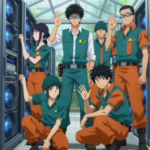 Exactly 1 characters in this scene. No people in background. No extras. No second figure. Count and anatomy must hold. An anime scene showing exactly 1 characters gathered around a literal greenhouse in a high-tech server room humming with cooling fans and blue light. 1. a male anime character with a tall, lean build, short messy hair, clean-shaven, wearing a neatly pressed collared button-up with a vest over top, a utility belt with a small battery pack that connects to his eyeglasses, flat chest with no breasts, crouching beside an open panel, tracing a cable to find a flaky link. All characters wear teal and burnt orange fishing trawler crew with a from another planet aesthetic. Each character wears two small lapel pins — one showing a tiny green pear with a brown stem and one showing a tiny sharpened yellow pencil with a pink eraser. Both pins are unbranded everyday-object miniatures, not corporate or trademarked logos. One character wears a beanie. One character has elbow braces with integrated joint lights. Each character has a distinct pose tied to their task. No character waves at the camera. No character faces the viewer directly. No two characters share the same pose. The team is programming the greenhouse. Exactly 1 characters total in this scene — no more, no fewer. No male character wears a skirt, kilt, or apron over pants or formal shirts. Every character has exactly 2 arms, 2 hands, 5 fingers per hand, 2 legs, 1 head, 1 torso. No extra arms, no missing arms, no extra fingers, no fused or merged characters, no characters sharing limbs, no arms emerging from the wrong character. NO TEXT anywhere in this image — no speech bubbles, no word bubbles, no labels, no signs, no writing of any kind. Anime style, vibrant colors, clean composition, cinematic lighting.
