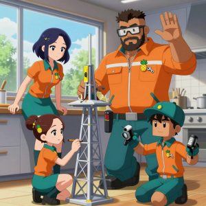 An anime scene showing exactly 3 characters gathered around a literal radio tower in a sleek modern kitchen with large windows opening onto a garden. 1. a female anime character with a slim build, delicate face, no facial hair, short wavy hair with a hair pin, leaning against a workbench, checking the level of the radio tower's frame. 2. a male anime character with a stocky, strong build, short undercut hair, full beard, wearing a neatly buttoned work jacket with a full zip front and rolled sleeves, a utility belt with a small battery pack that connects to his eyeglasses, flat chest with no breasts, kneeling with sanding paper, smoothing a panel of the radio tower before finish. 3. a female anime character with a small build, no facial hair, hair in a bun with a decorative pin, wearing a skirt, crouching with a square and pencil, marking a fresh cut for the radio tower. All characters wear vibrant orange and teal hazardous disposal team with a roblox avatar aesthetic. Each character wears two small lapel pins β one showing a tiny stylized pineapple charm in yellow and green and one showing a tiny silver open-end wrench, miniature. Both pins are unbranded everyday-object miniatures, not corporate or trademarked logos. One character wears a newsboy cap. One character has wrist-mounted calibration scope. Each character has a distinct pose tied to their task. No character waves at the camera. No character faces the viewer directly. No two characters share the same pose. The team is building the radio tower. Exactly 3 characters total in this scene β no more, no fewer. No male character wears a skirt, kilt, or apron over pants or formal shirts. NO TEXT anywhere in this image β no speech bubbles, no word bubbles, no labels, no signs, no writing of any kind. Anime style, vibrant colors, clean composition, cinematic lighting.