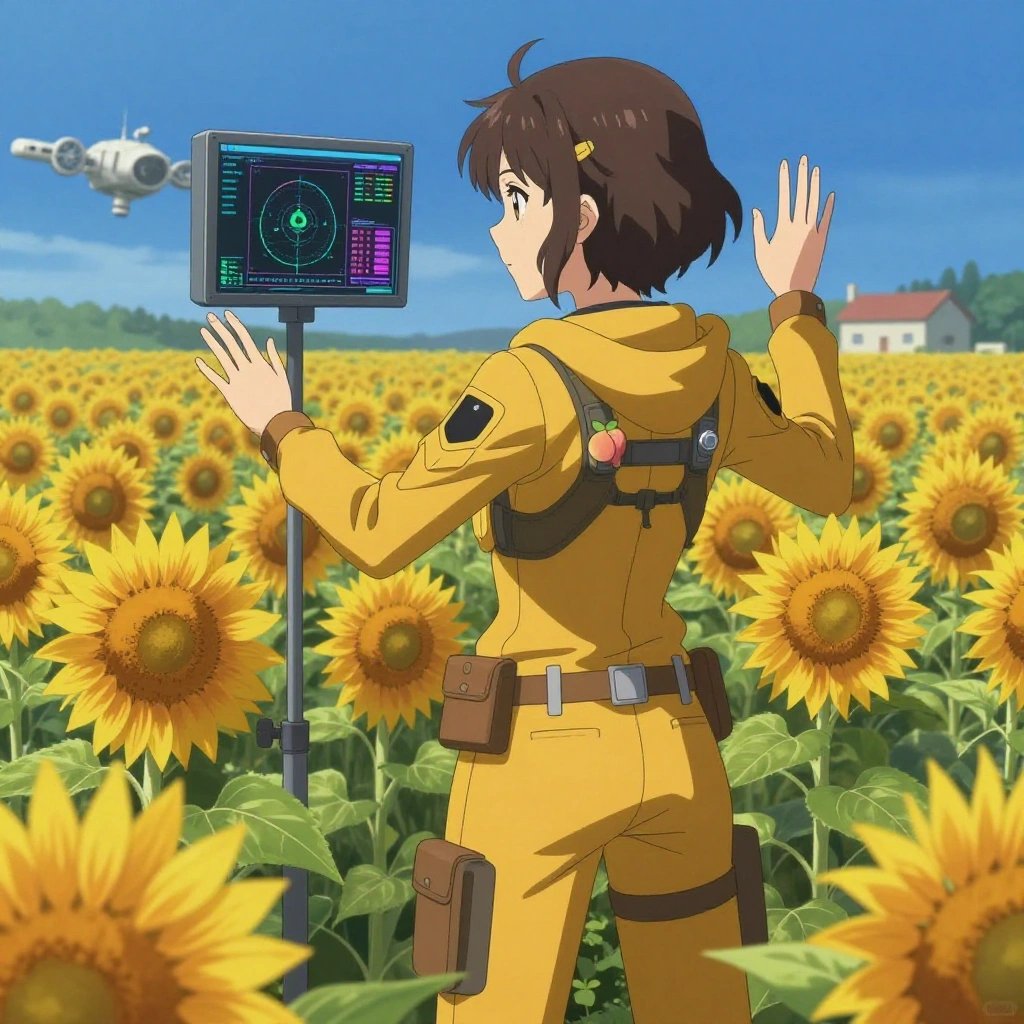 Anatomically correct anime scene. Exactly one character in this scene, no people in background. Exactly 1 character: a female anime character with a slim build, delicate face, no facial hair, short wavy hair with a hair pin, stepping back from a humming rack, monitoring the cluster's training metrics. The character is shown in programming position with a literal space station in a sunflower field extending to a farmstead on the horizon visible in the background. The character wears mustard yellow and brown scientific expedition team with a disco aesthetic. Wearing two small lapel pins — one showing a tiny fuzzy peach with a single crease down one side and one showing a tiny silver hex bolt. Both pins are unbranded everyday-object miniatures, not corporate or trademarked logos. Wearing a hoodie. With cooling vest worn under the uniform. Pose is clearly tied to the task. Not waving at the camera. Not facing the viewer directly. Exactly 1 character total in this image — confirmed solo, no extras. Exactly 2 arms, 2 hands, 5 fingers per hand, 2 legs, 1 head, 1 torso. No extra arms, no missing arms, no extra fingers, no fused or merged figures, no limbs emerging from the wrong place. NO TEXT anywhere — no speech bubbles, no labels, no signs, no writing. Anime style, vibrant colors, clean composition, cinematic lighting.