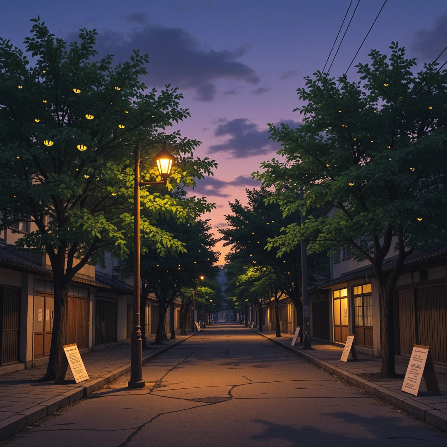 Ghibli-style twilight street, surveillance glints powering down