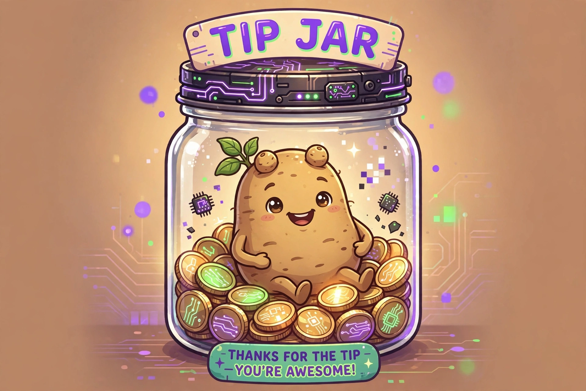 Spud the potato in a tech tip jar full of coins